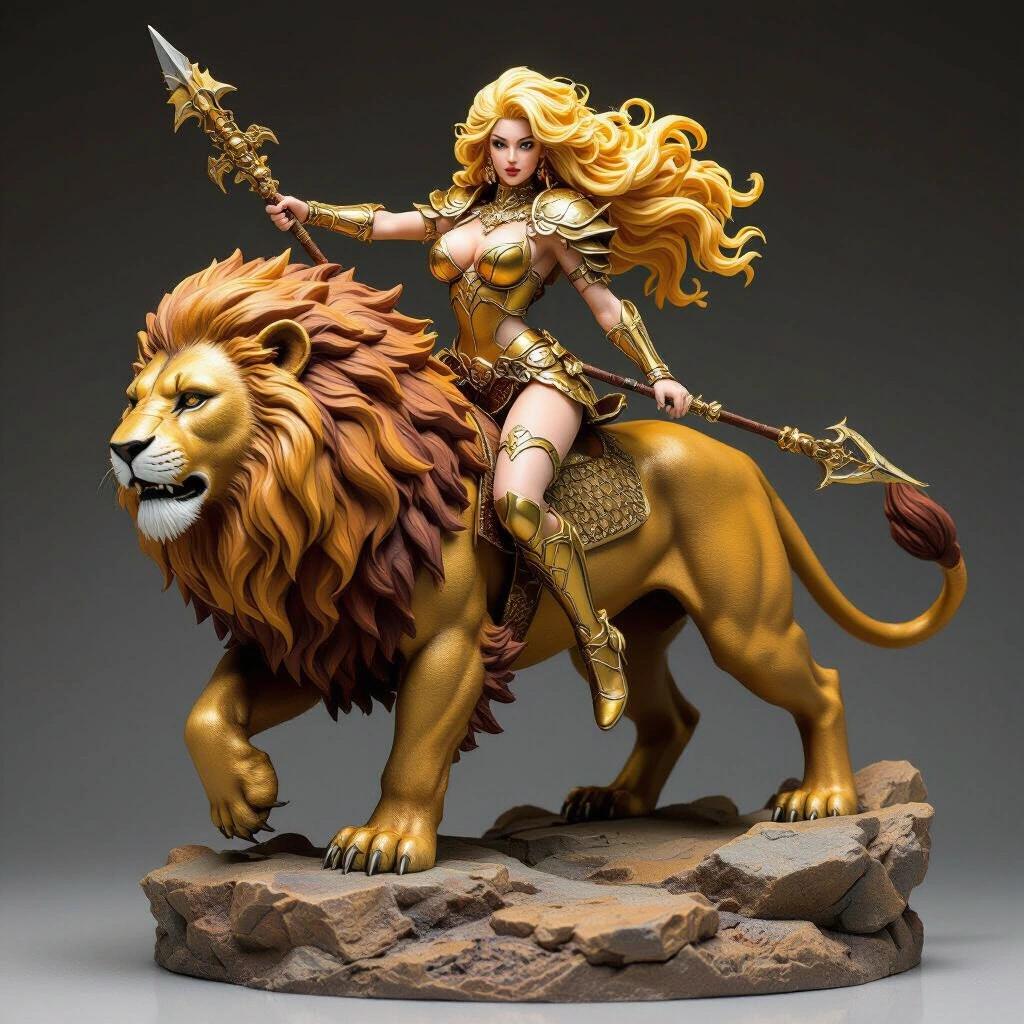 Ultra-detailed resin figure of a goddess inspired by Leo. Long golden wavy hair. Wears gold armor with claw details and a short metal skirt. Rides a large lion on a rocky base in attack mode.