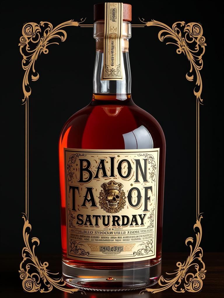 Premium Rum Label Design for Baron Saturday featuring Voodoo themes. Elegant typography with a vintage aesthetic. Show ornate elements surrounding the bottle.