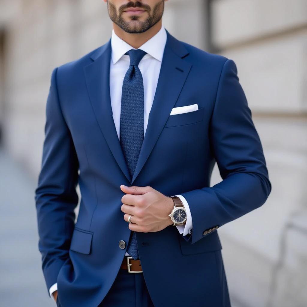 Man is dressed in a well-fitted blue suit. Suit includes a white shirt and a tie. Man is adjusting suit jacket with one hand. A stylish watch is visible on his wrist. The setting has a blurred city background. High key lighting emphasizes the details of the suit.