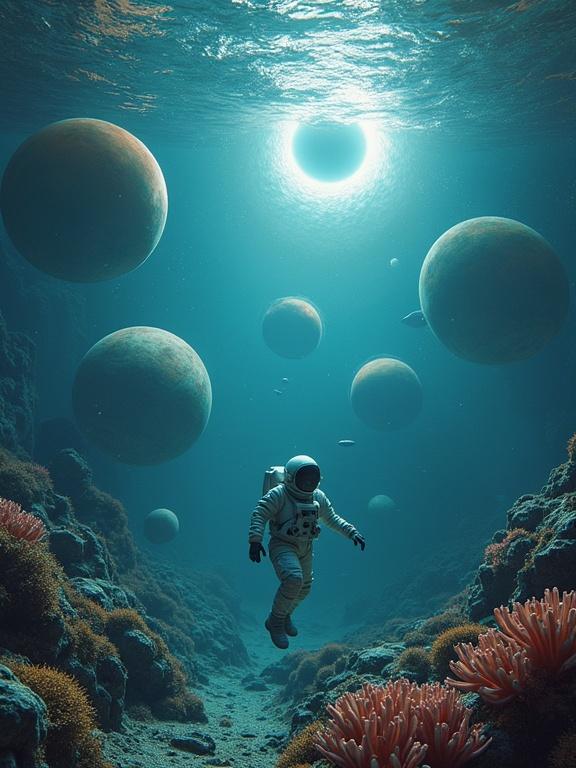 Astronaut swims underwater among planets covered in space coral. Saturn's rings shift into a net of jellyfish. A mechanical dolphin leads to an underwater portal. Eternal eclipse awaits.