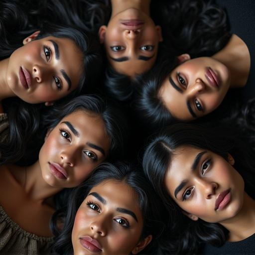 Groups of teenage girls and women with almond-shaped dark brown eyes and thick eyebrows positioned closely. All have black hair and dark skin. Their eyes are open and mouths closed, showing serious expressions. Bodies are positioned together as if lying down.