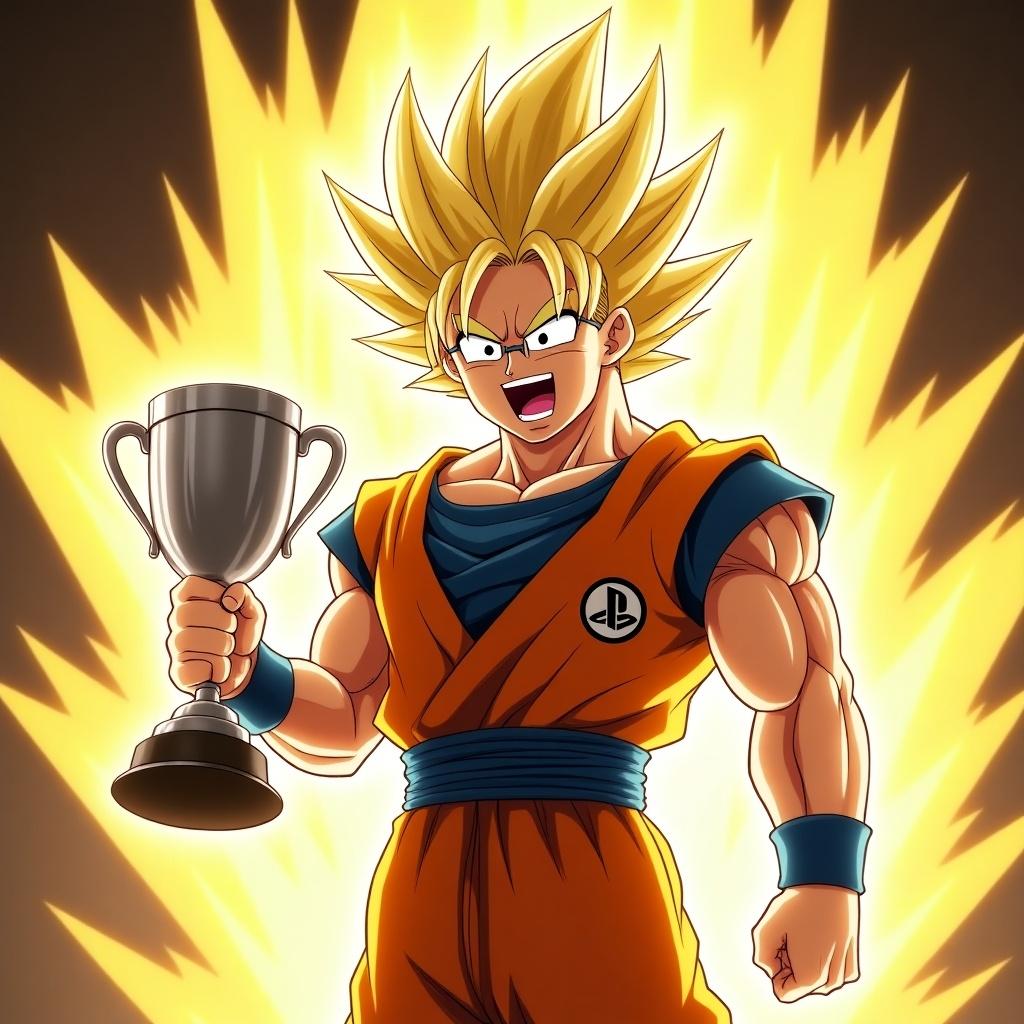 Blonde guy wearing an orange outfit with a blue belt. Energy surrounds him. He holds a trophy with both hands. Figure appears powerful and victorious. Energetic and vibrant atmosphere.