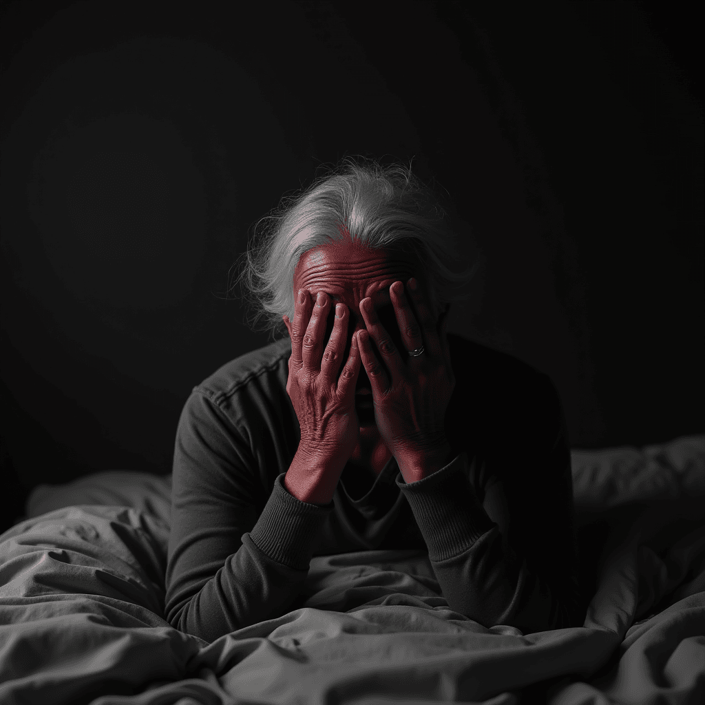 A person in a dark room covers their face with their hands, evoking a sense of contemplation or sadness.