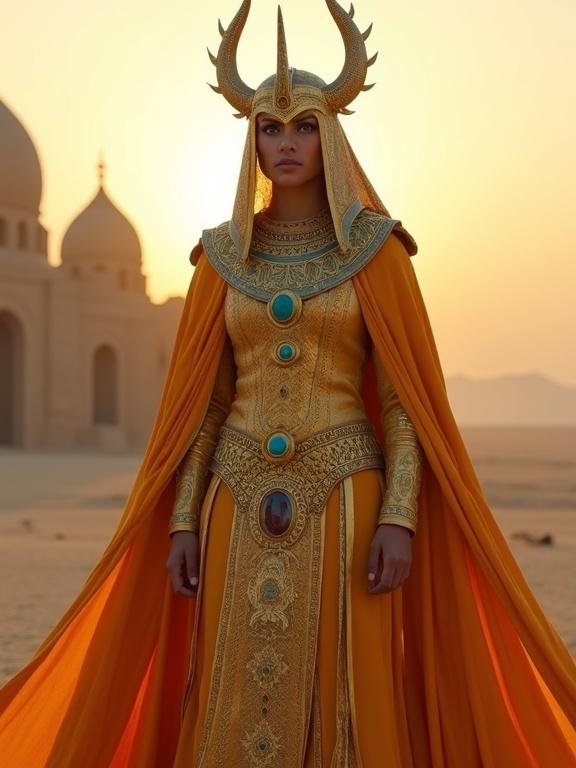 Regal figure stands in desert landscape. Adorned in intricate golden robes with turquoise accents. Wears an ornate helmet resembling a crown. A flowing orange cape drapes around shoulders. Detailed vest with gemstone embellishments. Background features grand architecture at sunset.