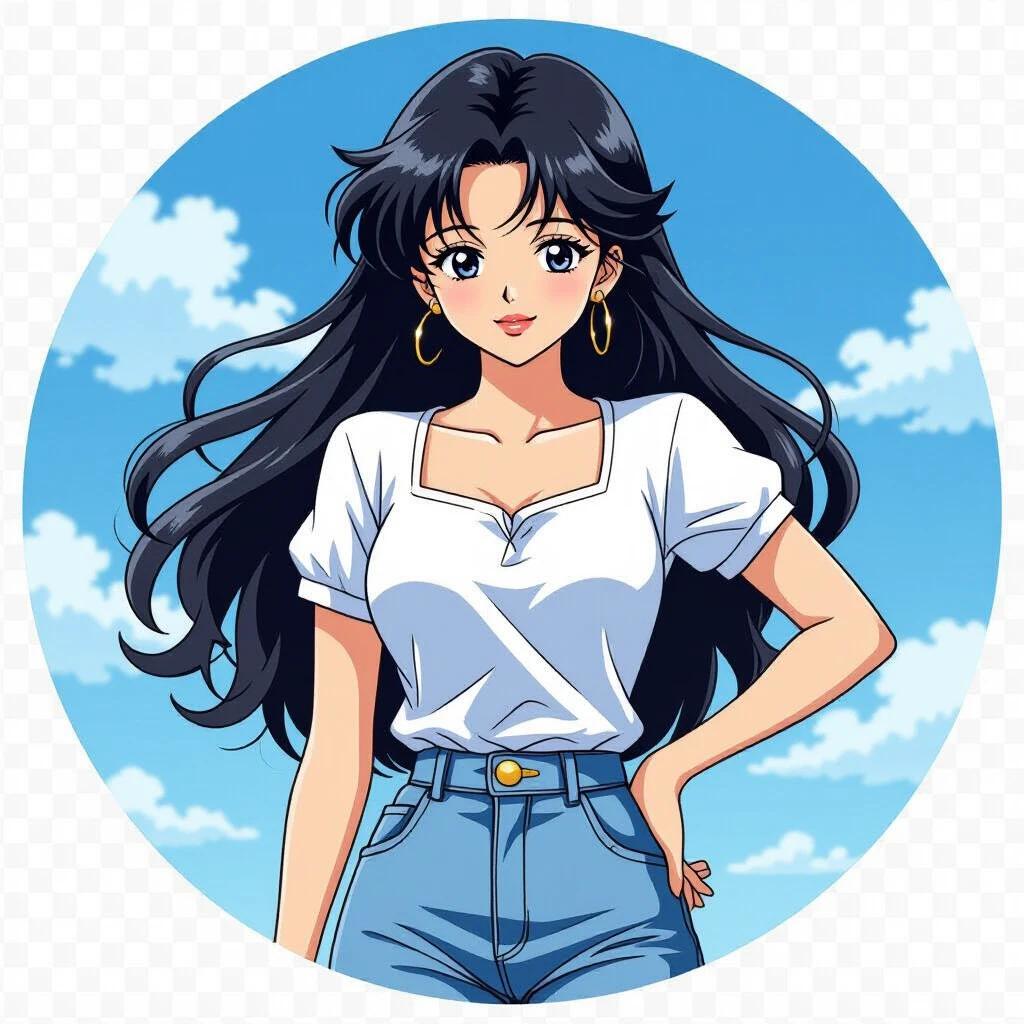 A woman stands confidently with long black hair. She wears a white shirt and high-waisted jeans. The background features a blue sky with clouds. Character design reflects classic shojo anime style.