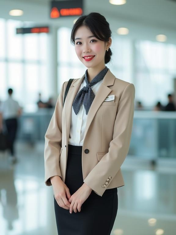 Full body image of East Asian female airport ground staff in uniform. Wearing crisp white long-sleeve button-up mandarin-collar chiffon blouse and champagne-beige round-collar blazer. Black pencil skirt and pantyhose with closed-toe low-heel pumps. Neatly styled black hair in bun with light makeup and red lips. Silver name tag on blazer and black lanyard with ID badge. Dark-blue gingham scarf around blouse collar. Dark-grey satchel slung over. Standing straight with hands clasped in airport terminal.