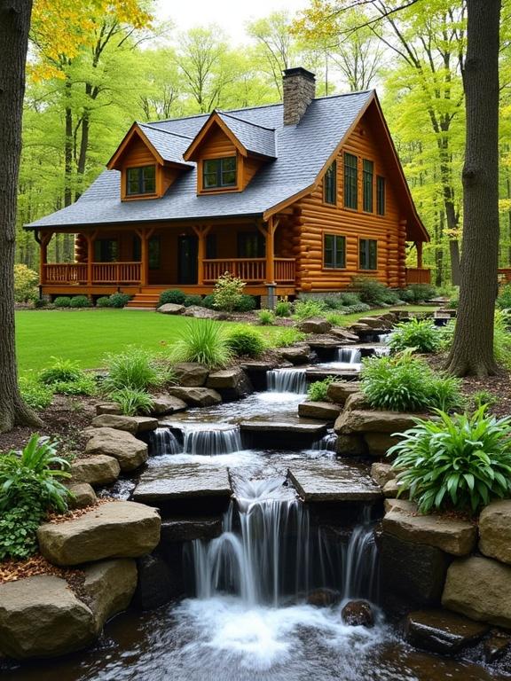 The image depicts a log cabin surrounded by trees. The cabin has warm honey-colored logs. Dark gray roof and trims are evident. Classic architecture is reflected through dormer windows. There is a stone chimney on one side. A wraparound porch features wooden railings. The cabin is well-kept with large black-framed windows. In front, there is a stream with waterfalls. Flat stones create gentle rapids. Natural stone walls border the water feature. Hostas and shade-loving plants enhance the area. Tall trees with vibrant green leaves surround the cabin. Early autumn colors add golden yellow highlights. The setting combines rustic architecture with beautiful landscaping.