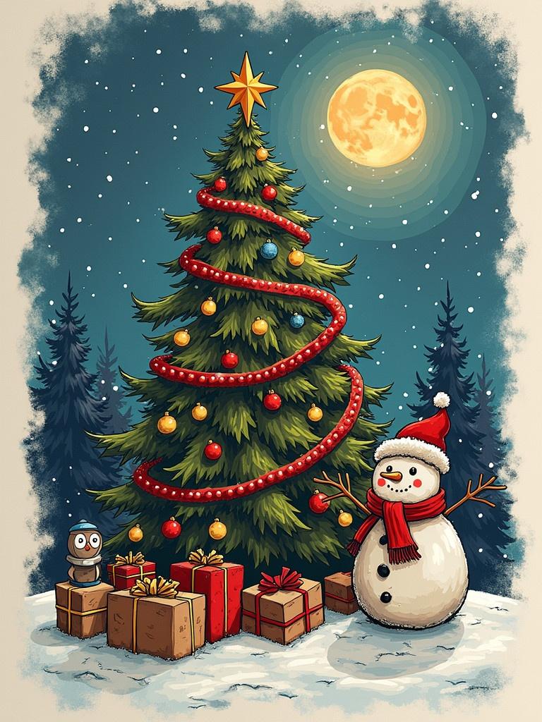 Festive Christmas scene with a large green tree decorated with ornaments and a star. A snowy background with a snowman wearing a red scarf and a hat. There are colorful presents wrapped under the tree. A bright full moon shines down on the scene.