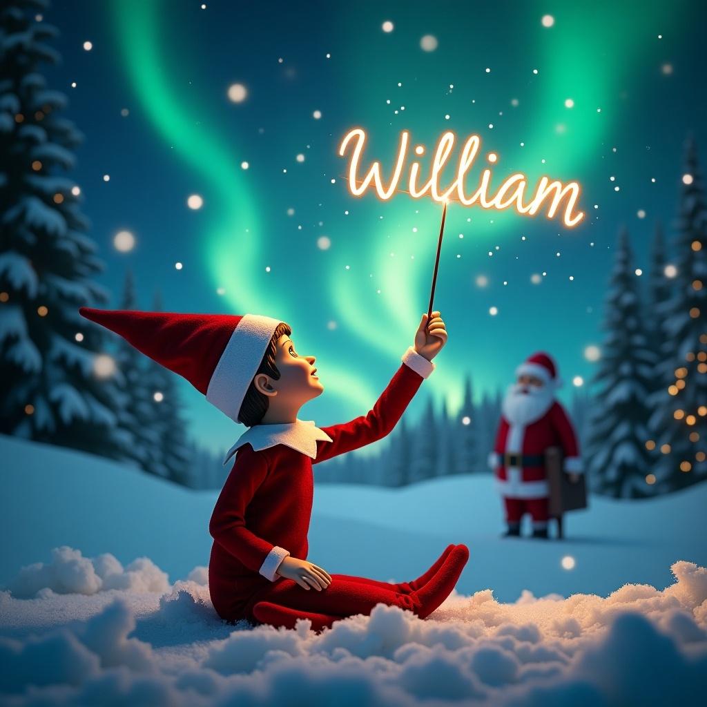 An enchanting Christmas scene featuring an elf on the shelf. The elf sits with its back to us, gazing upwards. It uses a wand to elegantly write the names 'William' and 'Theo' in the night sky. The background is adorned with stunning northern lights and a distant image of Santa Claus. Snow blankets the ground, creating a serene winter wonderland. This magical moment captures the essence of holiday joy and wonder in the air.