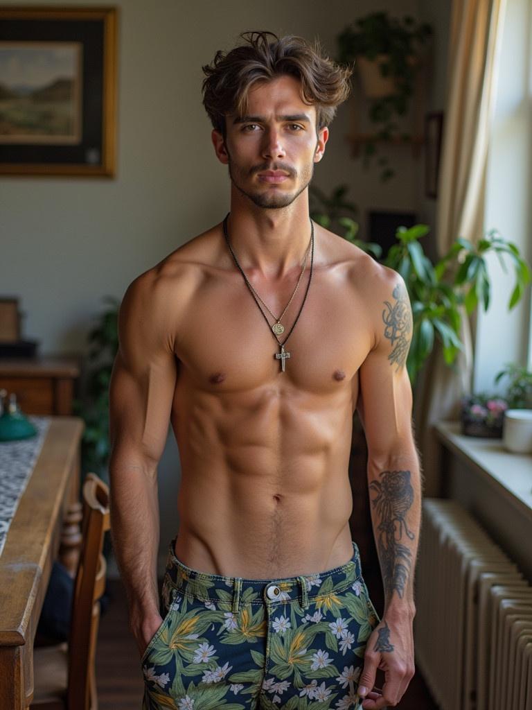 Male subject with a fit physique poses in a home setting. Background includes indoor plants and a wooden table. Subject wears shorts with a floral pattern and minimal accessories. Mood appears relaxed and confident.