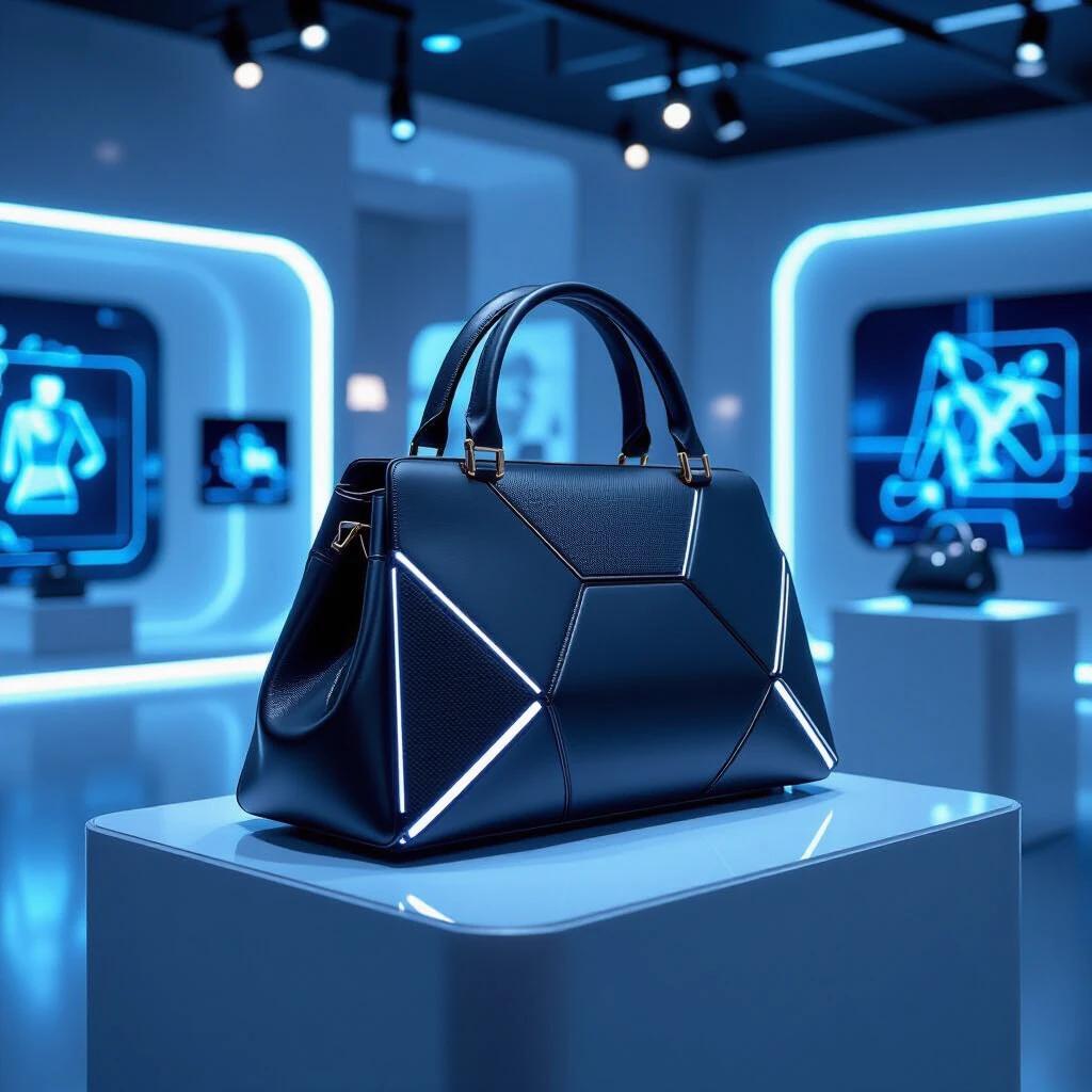 A structured handbag features a futuristic design. Responsive materials are visible along the seams with embedded lighting. The surface is matte technical fabrics with glossy carbon-fiber panels. The shape is geometric and fluid. A handle includes touch-sensitive control panels. Bag is on a transparent plinth in a high-tech showroom. Neon lighting and digital screens appear in the background. Environment is ultra-clean and sharp. Blends fashion with sensory technology.