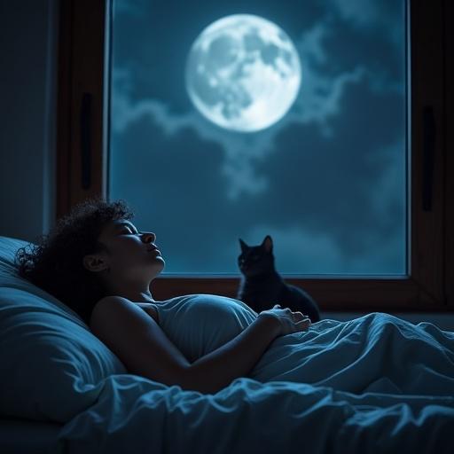 A person sleeping in a bedroom under moonlight while a black cat gazes at them from the bedside.