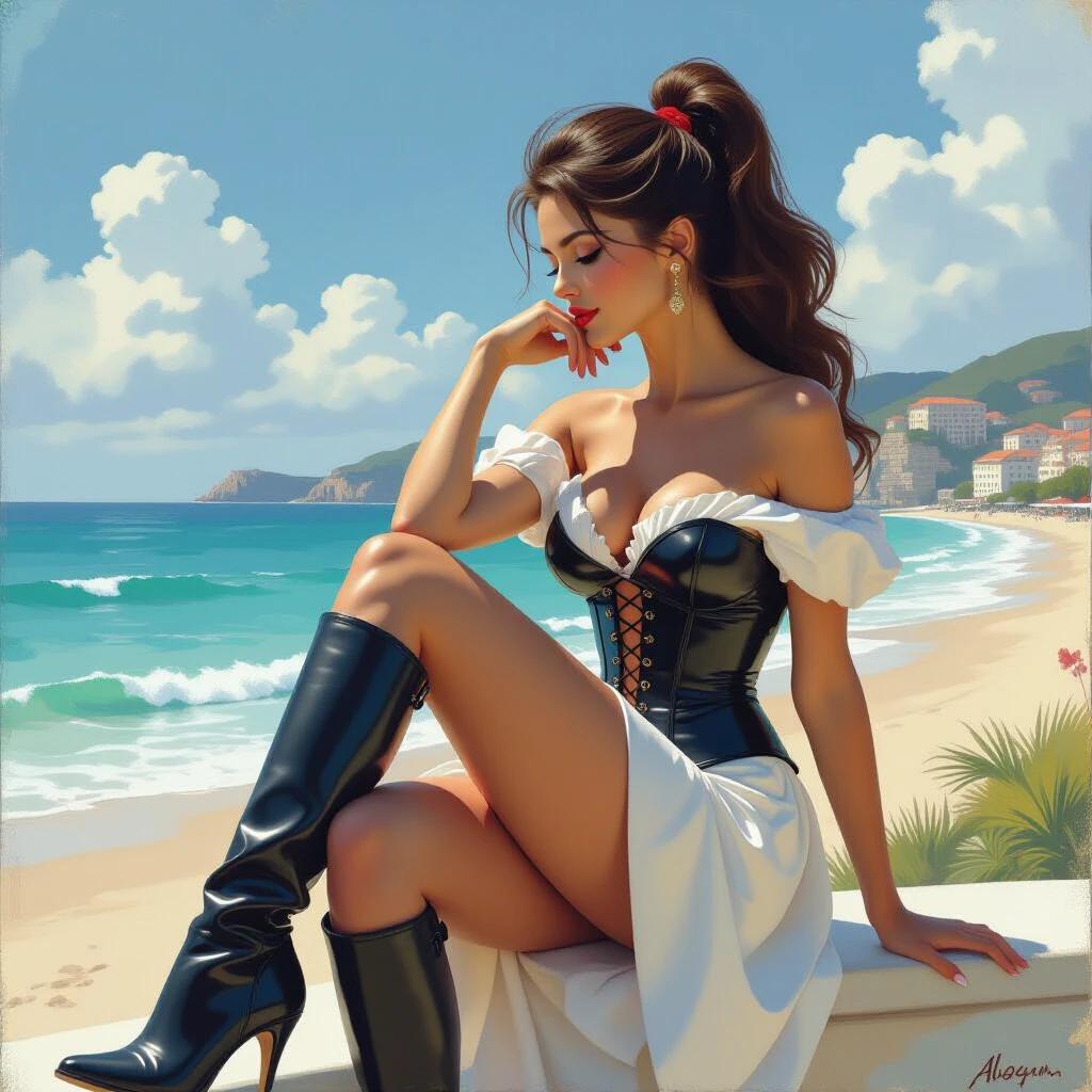 Acrylic art depicting a beautiful woman with her hair pulled back. She wears knee-high boots and a corset. The setting is a terrace overlooking the beach. The color scheme is inspired by Claude Monet. A feel of intimacy and pride is conveyed. The body is perfectly centered, reflecting trends on Artstation.