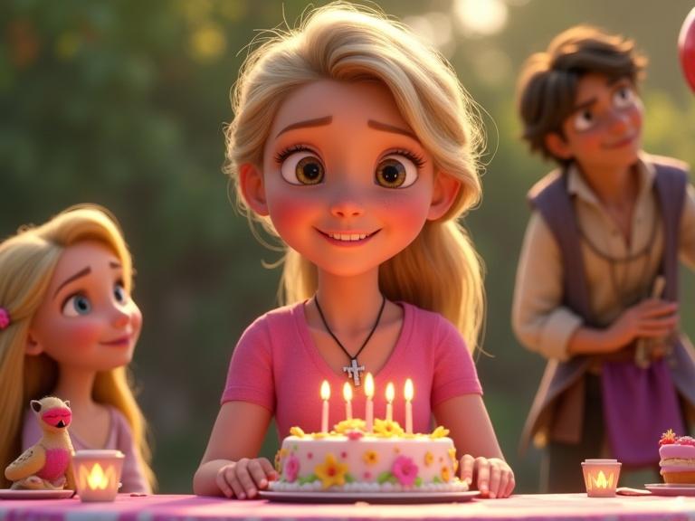 Medium close-up portrait of a young girl with blonde hair indoors at birthday party. She smiles at a colorful cake with candles. Surrounding characters include Rapunzel, Flynn Rider, Pascal, and Maximus. Table decorated for celebration in soft lighting.
