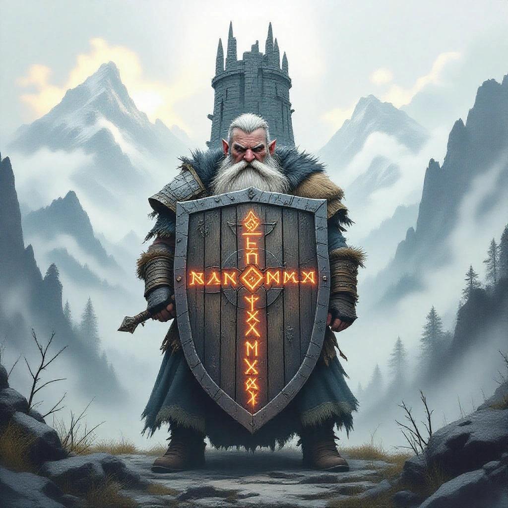 Dark fantasy portrait. Rune-mage dwarf depicted in watercolor style. Huge tower shield inscribed with magical runes. Dwarf stands with determination among mountain peaks. Eerie fog surrounds. Cinematic lighting creates mood.