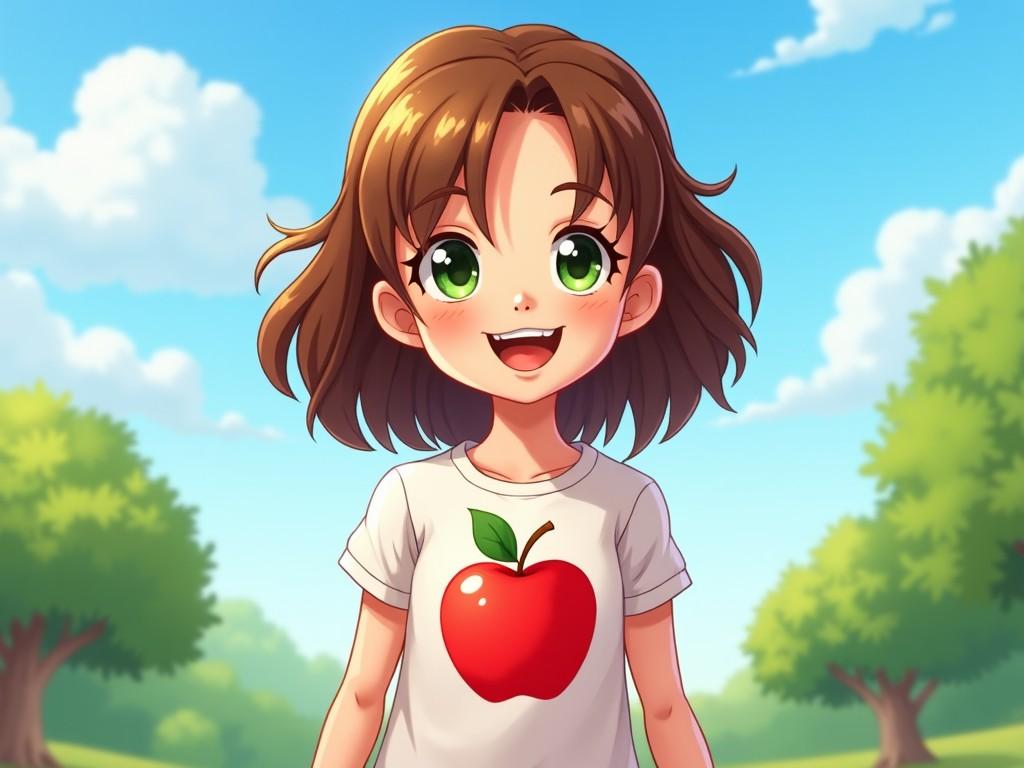 This image features a cheerful young girl with brown hair and vibrant green eyes, smiling joyfully. She's wearing a white t-shirt with a red apple illustration on it. The background depicts a sunny outdoor scene with lush trees and a clear sky. The girl's happiness and playful appearance suggest a fun and carefree attitude. The bright colors used in the image enhance its positive and inviting feel.