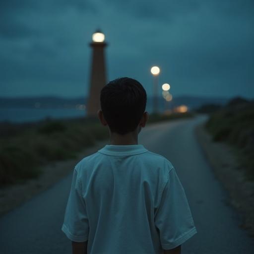 Creepy night scene. Young boy in white outfit on a street. Looking at a distant brown lighthouse. Lighthouse has a long square shape. Atmospheric and moody lighting. Rear view perspective.