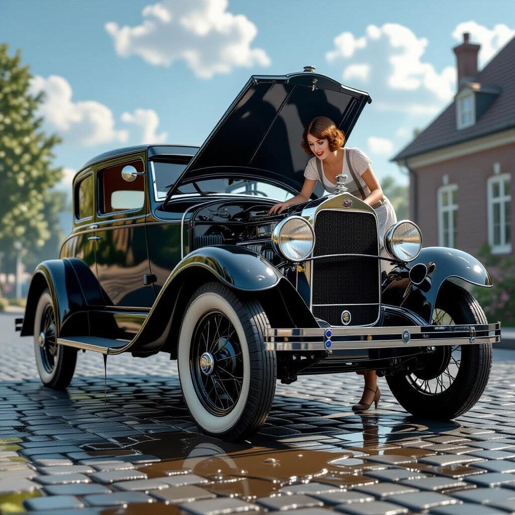 A vintage 1928 car with a woman inspecting the engine. The hood is open revealing steam and oil dripping onto cobblestones. The car is tilted on a jack, showing a scene of automobile repair. The setting is a sunny day with authentic 1920s elements.