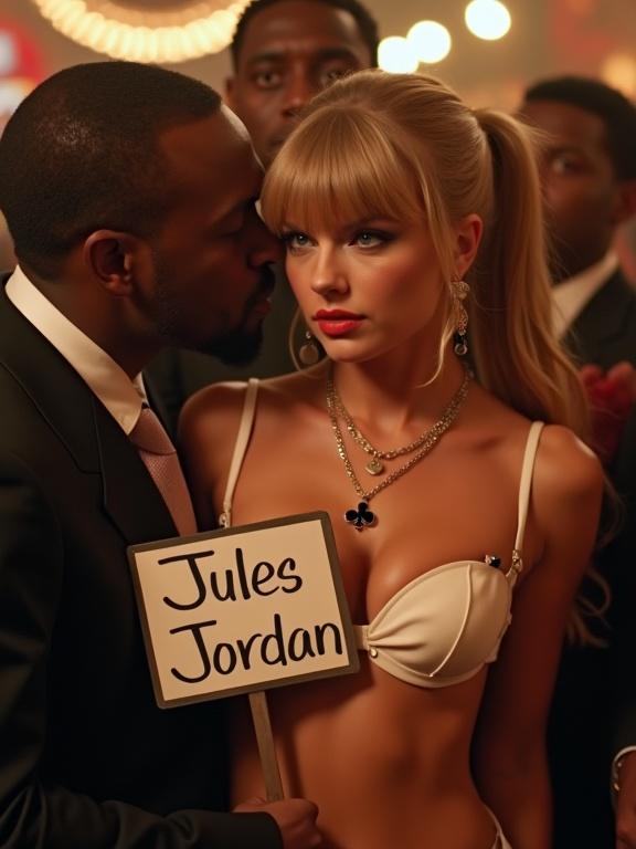 Scene in a lively nightclub featuring a couple. A woman with long blonde hair and blue eyes wears a white pushup bikini and holds a sign that says 'Jules Jordan'. An older large black man stands close to her. The atmosphere is vibrant with bright lights. A sense of excitement and glamour is present in the scene.