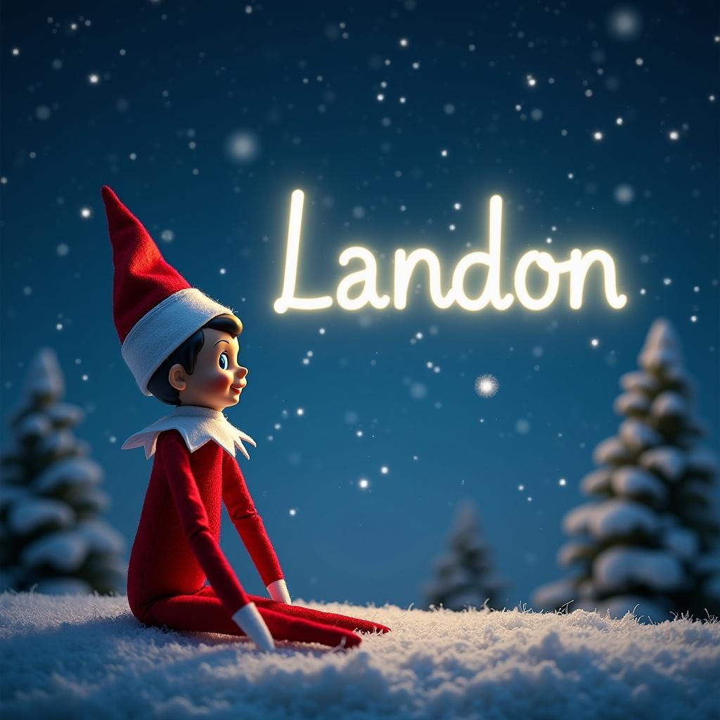 Elf on the Shelf writing the name ‘Landon’ in a glowing way in the sky.