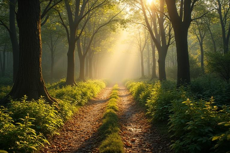 Mystical autumn forest featuring a pathway that winds from the left upward to the right. Various purple hyacinths and mushrooms visible. Green moss covers tree roots. Golden and orange leaves fall around. Soft morning light creating a hazy atmosphere with sun rays. Photorealistic style with high detail and cinematic lighting. 16:9 aspect ratio.