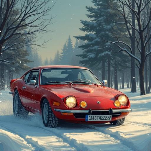 Car driving through snowy landscape during holidays. A vintage red car with headlights on. Trees covered in snow. Scenic winter background.