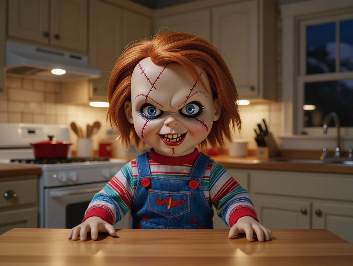 Ultra-realistic 4K image of Chucky doll in a cozy kitchen at night. Chucky stands on a wooden table. His features include pale plastic skin, prominent cheekbones, bright blue eyes, mischievous grin, thick eyebrows, and messy ginger hair. Face has stitched scars. He wears a striped shirt and denim overalls with text. Table has strawberries and kitchen items.