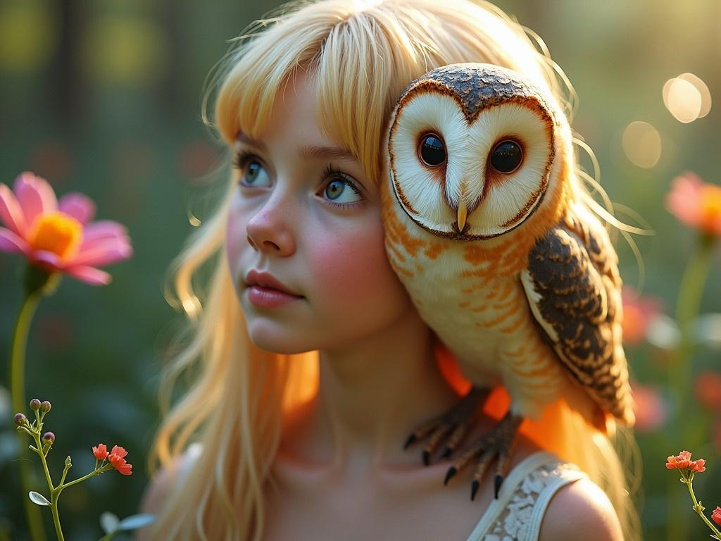 This close-up image features a young girl with blonde hair, capturing a whimsical and enchanting moment in a natural fantasy scene. She has an owl sitting on her shoulder, showcasing a connection between nature and the innocence of childhood. The background is filled with soft flowers, enhancing the dreamy atmosphere. The lighting is warm and gentle, creating a serene setting. The expression on the girl's face suggests wonder and curiosity, evoking emotions of innocence and fascination.