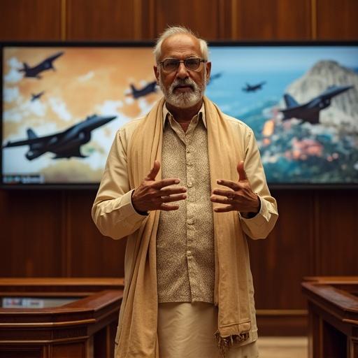 A man in a traditional Indian kurta stands in an opulent hall of India's Ministry of External Affairs. He is engaged in a vigorous conversation with members of his diplomatic team. Military attachés and counter-terrorism experts are present as they discuss India's stance on counter-terrorism regarding Pakistan. Behind him, large displays show fighter jets, maps of the India-Pakistan border, and relevant news articles about terrorism.