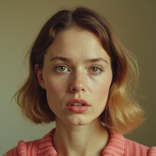 Character portrait featuring a young woman with styled hair. Natural makeup. Soft color tones. Captured in a classic photographic style.
