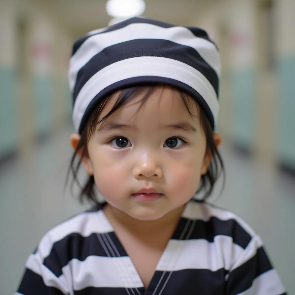 Closeup shot of a young Asian girl wearing black and white striped clothing and hat in a hallway setting. She has an innocent expression, with focus on her face and water like eyes.