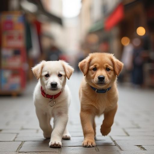 A male puppy and a female puppy walking together in a market setting. They look cute and friendly. The background shows shops and people.