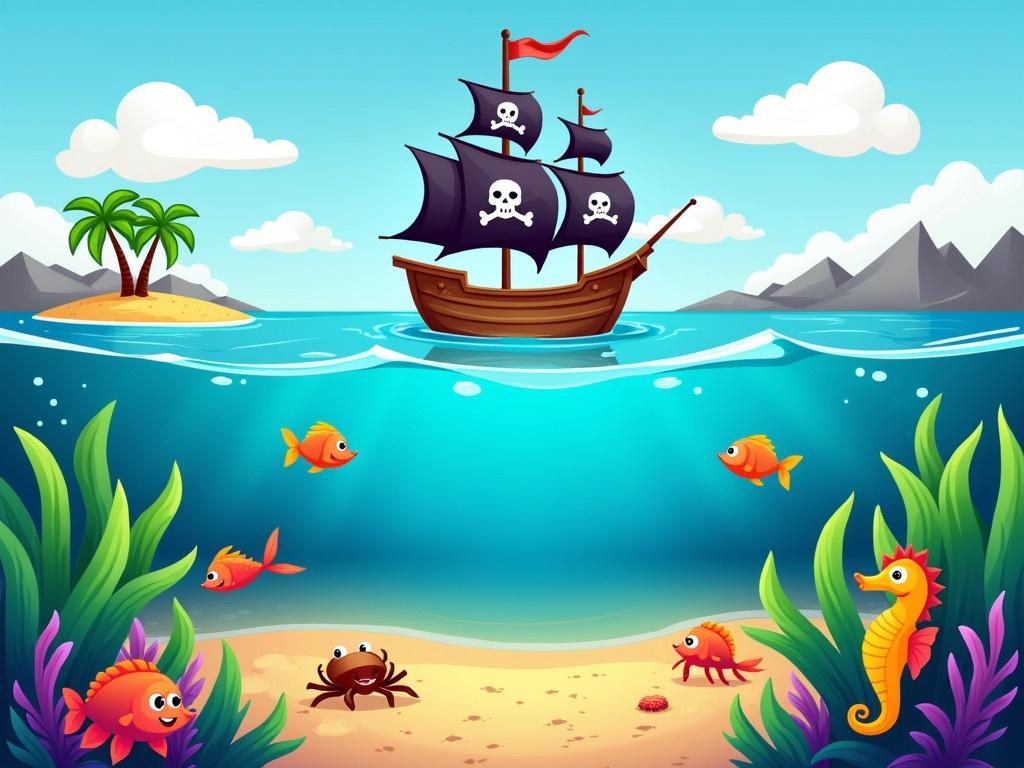 The image depicts a colorful and cartoonish underwater scene featuring a pirate ship sailing above the water. In the foreground, you can see various sea creatures, including playful fish, a seahorse, and a cute crab by the sandy bottom. Large green sea plants sway gently in the water, adding life to the scene. Above the waves, there's an island with palm trees and mountains visible in the background. The skies are bright blue with fluffy white clouds, creating a cheerful atmosphere. The pirate ship has sails adorned with skull and crossbone designs, emphasizing its adventurous theme.