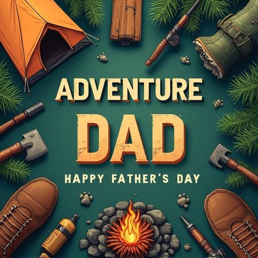 High-resolution overhead hand-drawn flat lay for Father's Day on a dark forest green background. Composition includes camping gear like tents and axes, campfire, fishing rods, pine trees, and paw prints. Earthy browns, greens, muted oranges used. Text says 'ADVENTURE DAD' in rugged font; 'HAPPY FATHER'S DAY' below it.