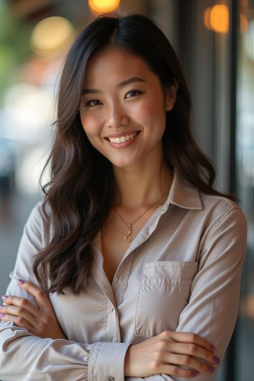 Portrait of a smiling woman with long hair, wearing a beige shirt, arms crossed, in a warm and bright setting.