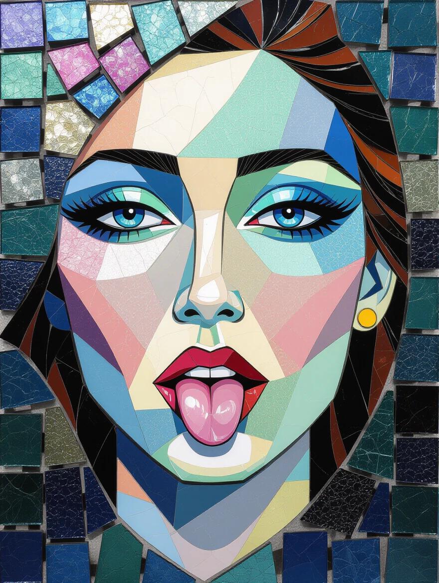 Colorful tiles create an abstract mosaic. Iridescent glass and ceramic harmonize in a pattern. 3D art form emphasizes depth and texture. Encaustic mixed media adds dimension.