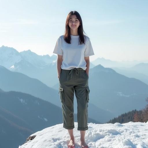 A good smiling Japanese woman wears a T-shirt and half pants. She stands barefoot on the winter mountain summit. She faces forward. The style is a real photograph.