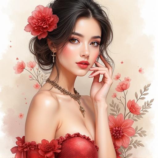 Watercolor painting of beautiful woman with serene expression in soft lighting. Subtle floral elements in background create elegant atmosphere. Hair styled with red flowers. Wearing sexy stylish outfit with elegant touch.