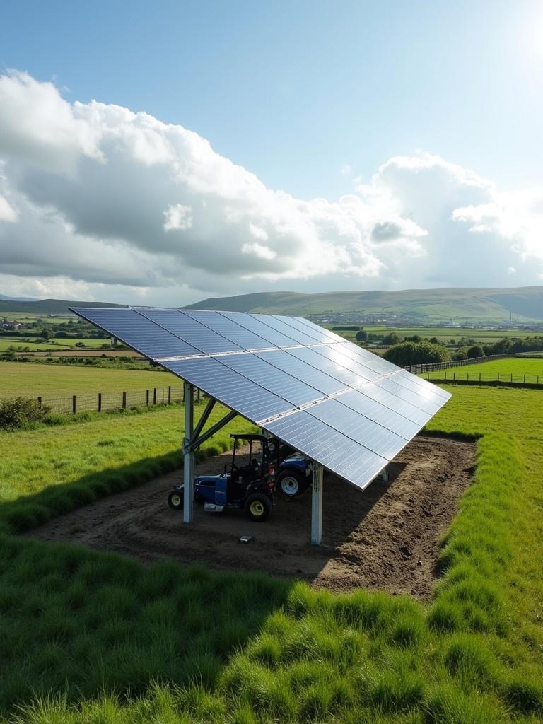 Ground mount solar panels installed on a farm. Tractors and fields in the background. Large green pastures under clear blue sky. Promoting renewable energy in Ireland.