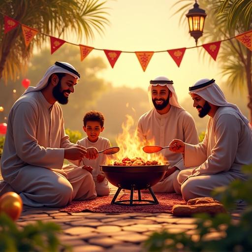 Eid al-Adha celebration scene with an Arab family gathering in a garden. Outdoor setting features a barbecue grill with traditional meat. Decor includes lanterns and festive banners. Children play with balloons. The atmosphere is joyful and warm with high resolution.