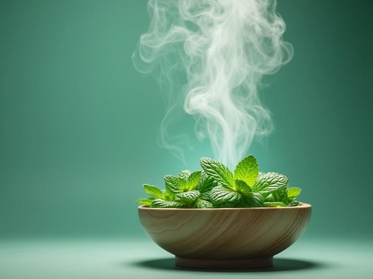 Diffusion system with peppermint and bergamot scent for focus boosters with fresh leaves in bowl and aromatic steam rising
