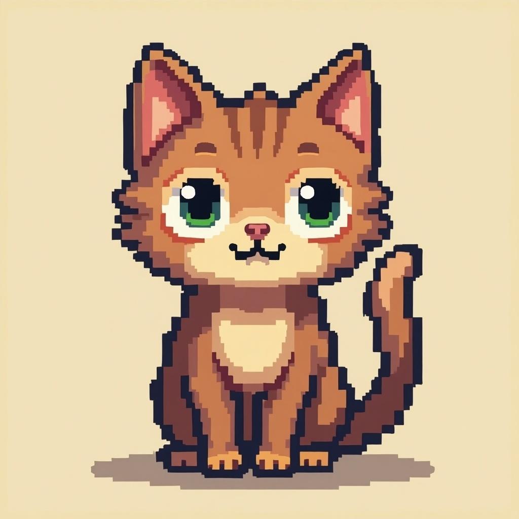 A pixelized design of a cat. The design is 60 pixels wide. The cat features a brown body, white belly, and green eyes. It has a playful expression and a curved tail.