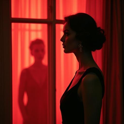 Elegant woman in profile stands looking out a window. Red curtains glow behind her. Reflection shows a hidden figure watching closely.