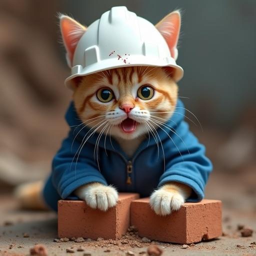 A semi-realistic cat wears a white hard hat and blue work jacket. The cat has a shocked expression, sitting dazed with a cracked brick next to its head. The helmet is dented and the cat's tongue is sticking out slightly, set in a slapstick injury style at a construction site.