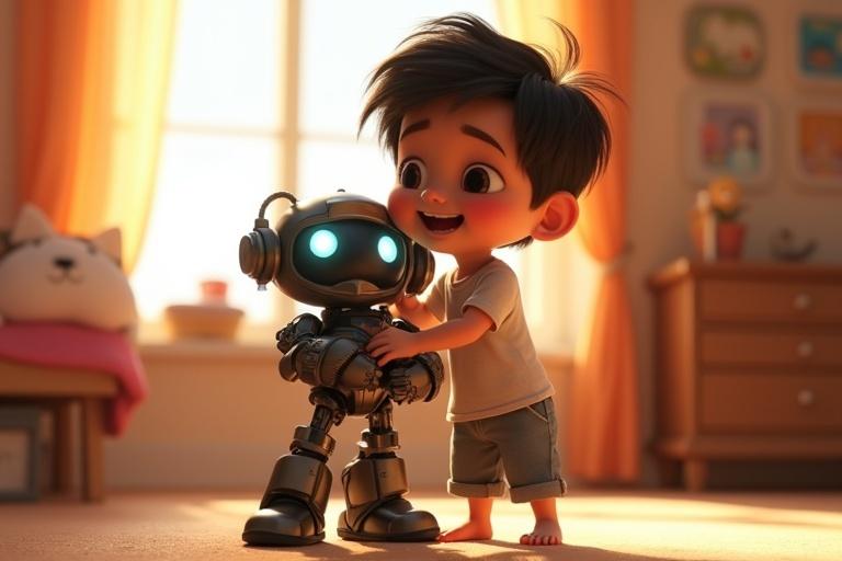 A heartwarming scene depicts a young child embracing a futuristic robot toy in a sunny bedroom filled with warm light. The robot has a metallic design with glowing eyes and an excited expression. The child wears simple comfortable clothing. Soft furnishings can be seen in the background, creating a cozy atmosphere.
