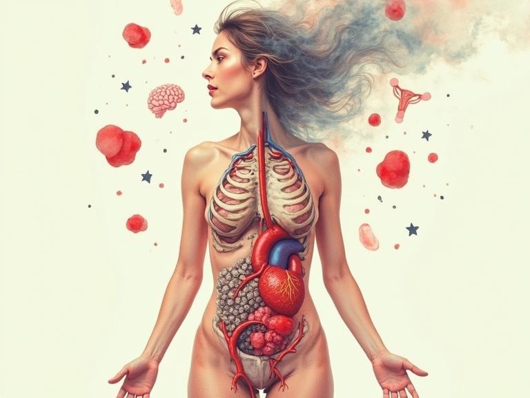 Artistic portrayal of a woman in her 40s revealing internal effects of hormonal changes. Body shows effects of declining estrogen: porous bones, narrowed heart vessels, dry skin, brain fog. Surrounding icons depict sleep disruption, mood swings, weight gain, vaginal dryness. Tone is introspective and strong. Art blends realism with medical illustration. Style is mixed media with soft textures and muted colors, surreal details. Expression calm and empowered.