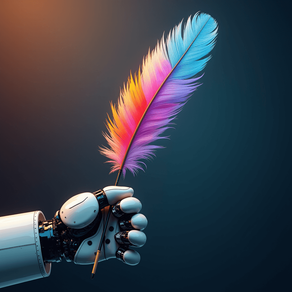 A robotic hand holds a colorful feather against a dark background.