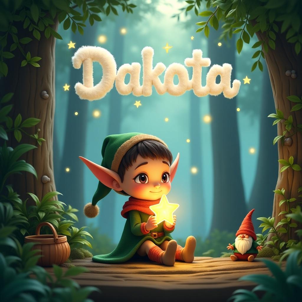 In a magical forest scene, a young elf with pointed ears wearing a festive outfit is joyfully seated on a wooden platform. She is cradling a glowing star, an emblem of hope and wonder, surrounded by vibrant greenery. The background features tall trees with soft, ethereal light streaming through the leaves, creating a serene ambiance. Above her, the name 'Dakota' is whimsically spelled out in fluffy, cloud-like letters, enhancing the magical feel. Small woodland elements, such as a cozy basket and a charming gnome, contribute to the enchanting holiday spirit of the scene.