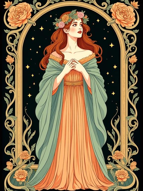 Vibrant Art Nouveau female figure, waist up, before tall arched window framed with vines. Hands hidden beneath embroidered shawl. Long flowing hair in stylized waves, floral crown of roses and ivy. Gazing to the side with dreamy smile. Dress and shawl feature ornate folds, bold flowing lines. Background with ornamental curves, star-like florals, symmetrical drapery. Soft gold, light orange, warm peach, and more. Black background, centered design with breathing space.