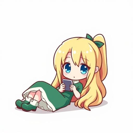 Chibi-style pixel art character with long blonde ponytail and green ribbon. Lying down while using smartphone. Wearing green dress with a white skirt. Has cobalt blue eyes and green boots. White background and square format.